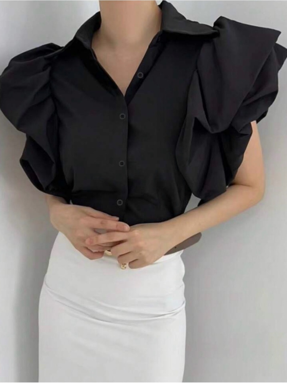Elegant Black Puff-Sleeve Button-Front Top